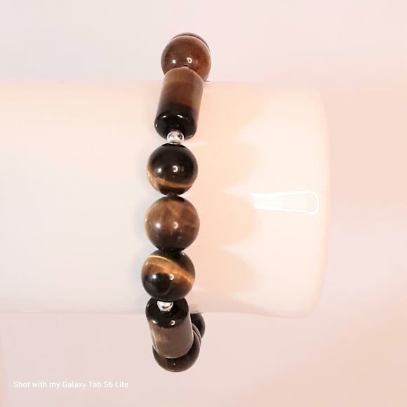 Tigers Eye Beaded Stretch Bracelet Brown Tan Geometric shapes - Picture 3 of 6